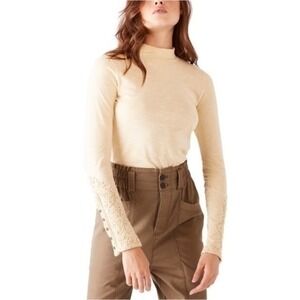 Free People Hooked On You Wheat Mock Neck Embroidered Long Sleeve Top Size S NWT
